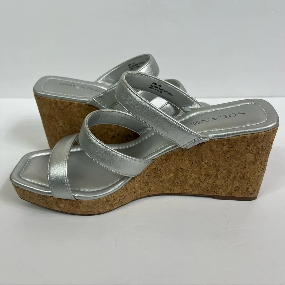 Solanz Jimmy Silver strappy cork platform wedges